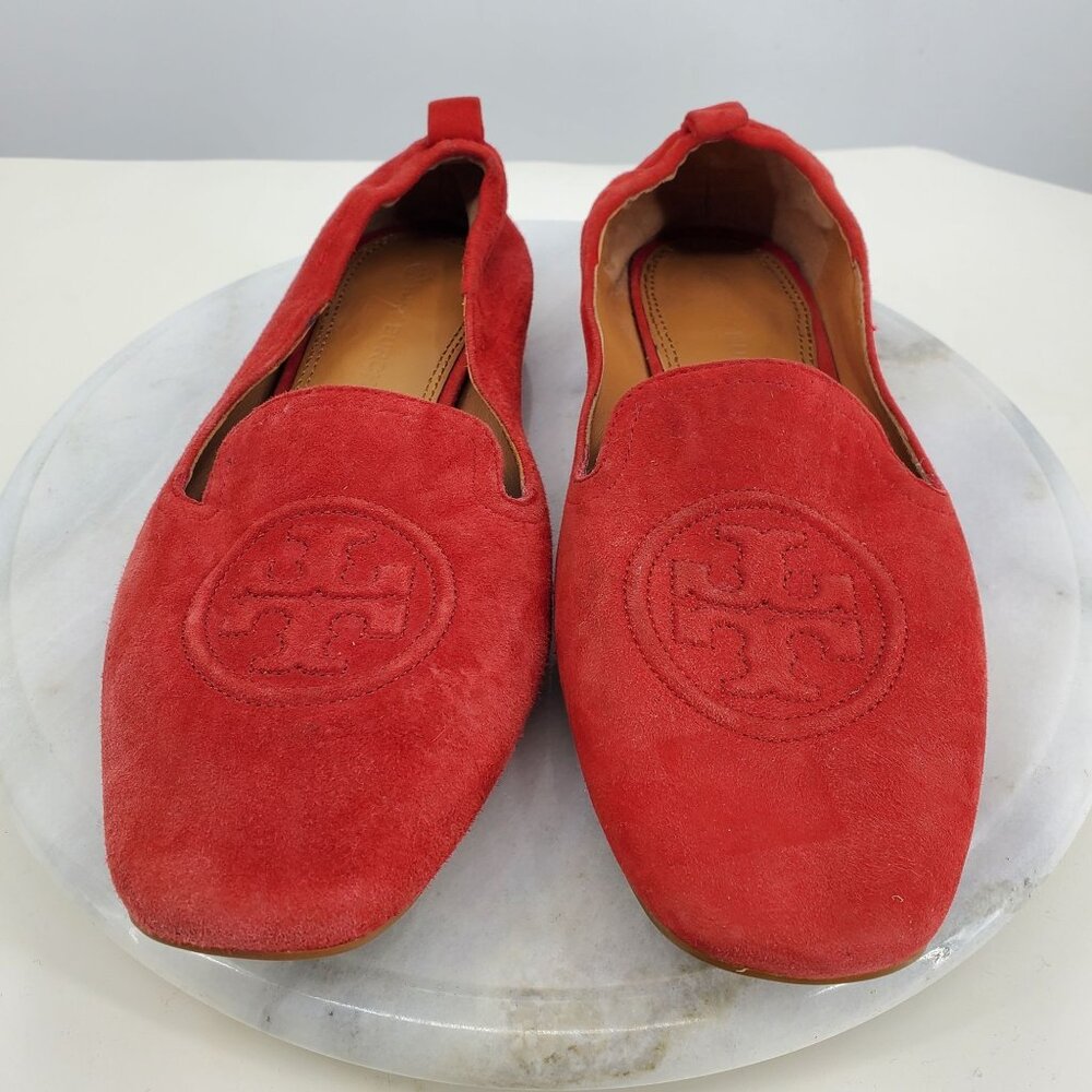 Tory Burch Red‎ Suede Leigh Embossed Logo Flat Elastic Loafer Dress Shoes 7